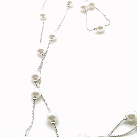 Delicate Tin Cup Faux Pearl Necklace Very Long Silver-tone Thin Chain 73 inches - Picture 8 of 14